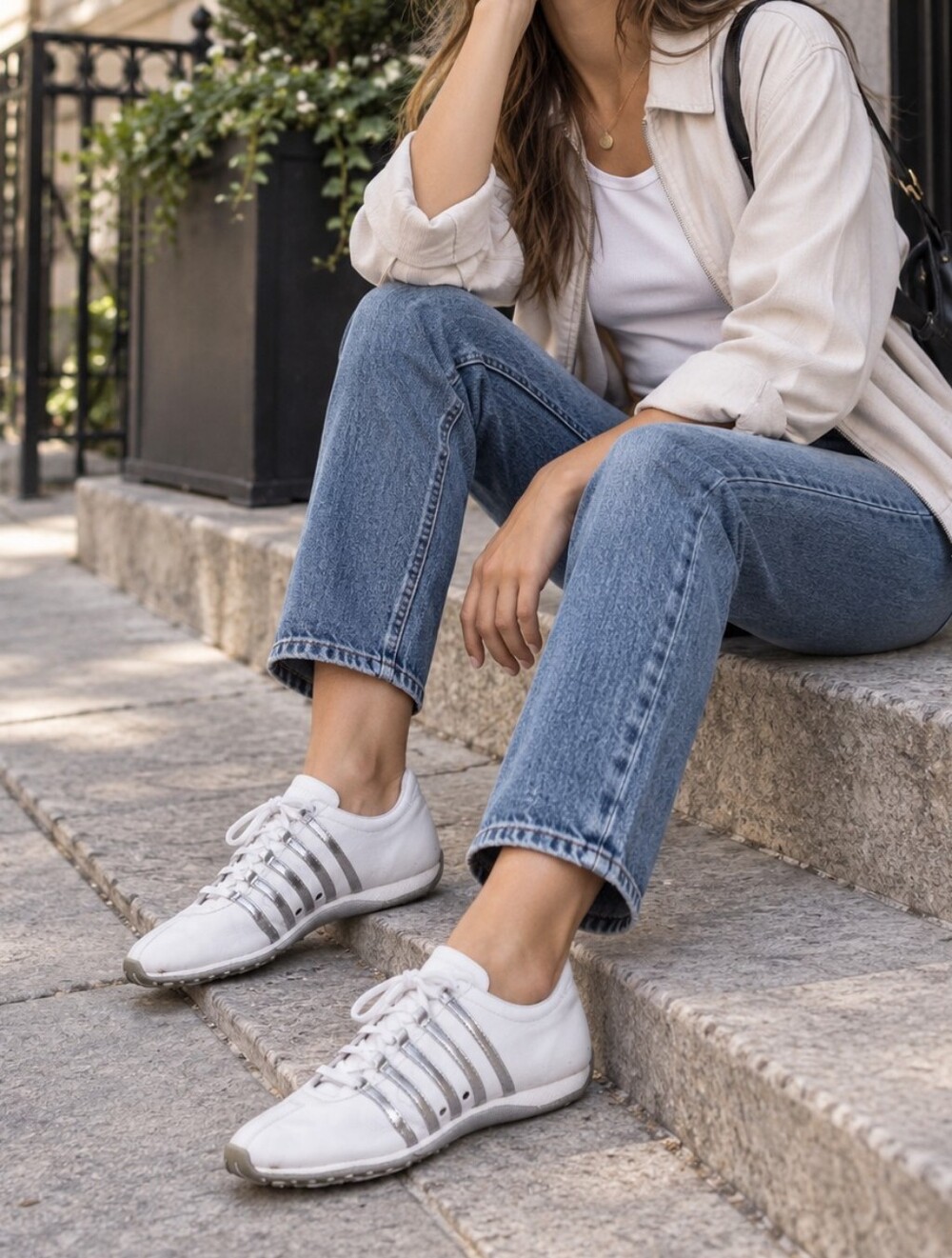 K Swiss White Leather Lace-Up Sneakers with Metallic Stripes